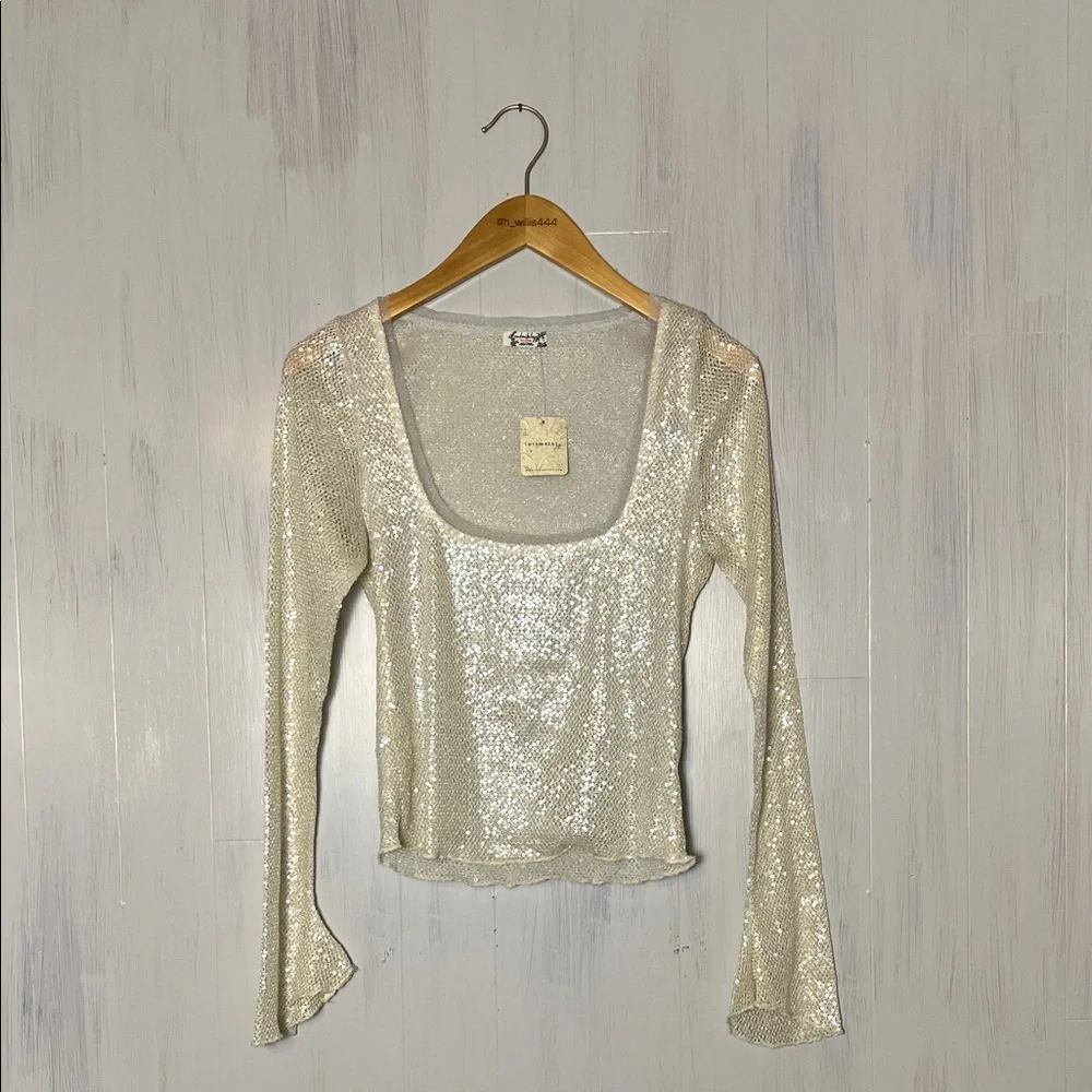INTIMATELY FREE PEOPLE Medium Snowing Combo Ivory Late Night Disco Sequin Top‎